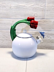 Ancona Kettle Hummingbird, Tulips Enamel Red, White, Blue & Green Vintage Teapot - Picture 1 of 17