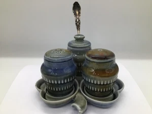 Vintage WADE irisches Porzellan Gewürz Set Salz Pfeffer Senf Tablett Löffel 3,5" - Bild 1 von 11