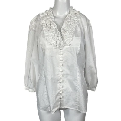 Camisa Du Jour para mujer talla M blanca con volantes de algodón elástico blusa top abotonada Foto 1 de 4