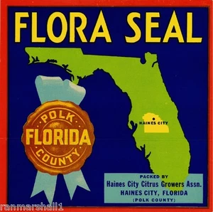 Haines City Florida Flora Seal Orange Citrus Fruit Crate Label Art Print - Bild 1 von 1