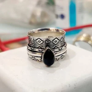 Bellissimo anello onice nera anello girevole argento 925 anello preoccupazione anello donna - Foto 1 di 4