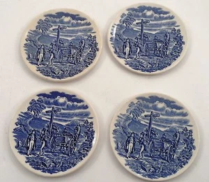 4 Blue Transferware Ironstone England Butter Pats Coasters Country Road Robbers - Picture 1 of 12