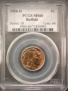1938-D Buffalo Nickel 5c PCGS MS66 Great Eye Appeal Golden Tone - Picture 1 of 4