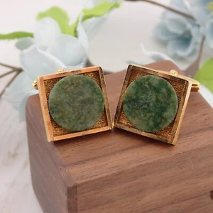 Vintage Nina Ricci Round Green Nephrite Square Gold Tone Cufflinks - Picture 1 of 6