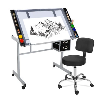 Drafting Table Craft Station Glass Top with Hydraulic Salon Stool Chair - Image 1 of 4