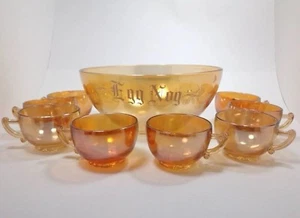 9 PIECE VINTAGE EGG NOG SET JEANNETTE MARIGOLD PEACH LUSTER CAMELLIA DESIGN - Picture 1 of 5