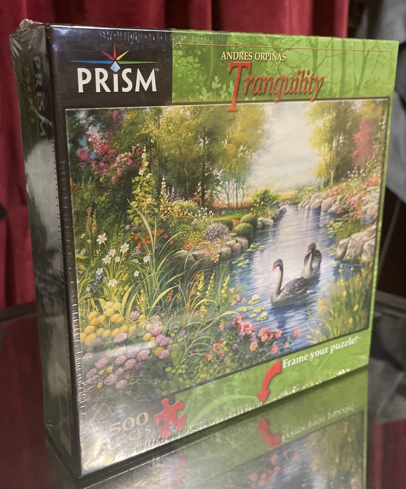 2006 Tranquility 500 PC Prism Jigsaw Puzzle by Andres Orpinas Swans Flowers