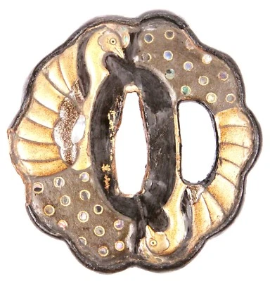 Редкий Старинный Японский Лак Цуба Маки Павлин Меч Охранник Уруши Нури Старый - Изображение 1 из 4