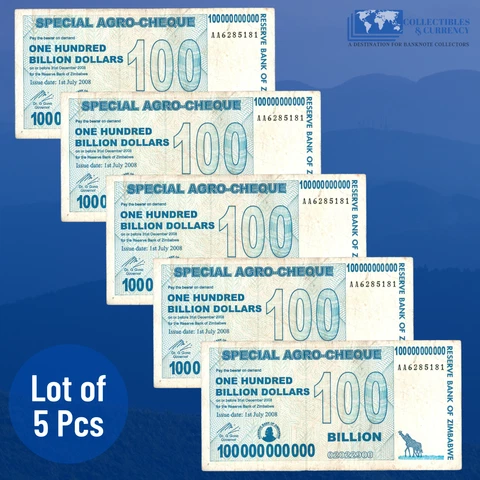 5 X ZIMBABWE 100 Billion Dollars Special Agro Cheque Banknote, 2008 Circulated Cover