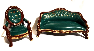 2 muebles miniatura de porcelana para casa de muñecas de colección sofá sofá, silla azul azulado dorado Foto 1 de 4