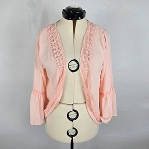 Cardigan leggero donna S rosa aperto bordo pizzo manica lunga trasparente - Foto 1 di 16