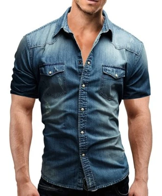 Mens Denim Shirts Short Sleeve Luxury Casual Slim Washed Cotton Multicolor Shirt - Image 1 of 4