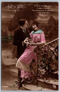 Postcard Tinted Studio RPPC French Romance Man Woman Stairs A40 - Picture 1 of 2