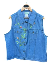 The Quacker Factory Floral Embroidered 100% Cotton Denim Vest Blue Plus Size 1X - Picture 1 of 6
