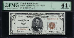USPC FR#1850-K $5 1929 FRBN DALLAS (BROWN SEAL) PMG  64 CHOICE UNC EPQ [WOW!] - Picture 1 of 3