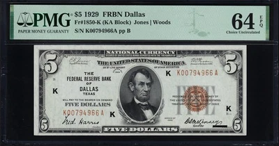 USPC FR#1850-K $5 1929 FRBN DALLAS (BROWN SEAL) PMG  64 CHOICE UNC EPQ [WOW!] - Image 1 of 3