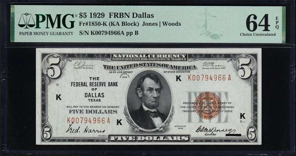 USPC FR#1850-K $5 1929 FRBN DALLAS (BROWN SEAL) PMG  64 CHOICE UNC EPQ [WOW!] - Image 1 of 3