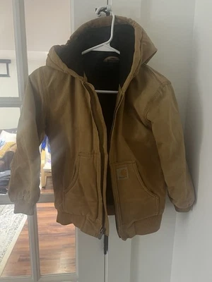 Carhartt Jacket Kids Small 7-8 Brown Hooded Quilted Lined Duck Workwear Zip - Image 1 of 4