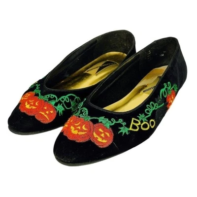 Parche de calabaza de gato de Halloween vintage "Boo" Tootsies otoño negro terciopelo ballet plano Foto 1 de 4