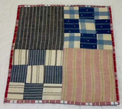 Antique Vintage Quilt Table Topper, Nine Patch, Stripe & Check Prints, Blue - Image 1 of 4