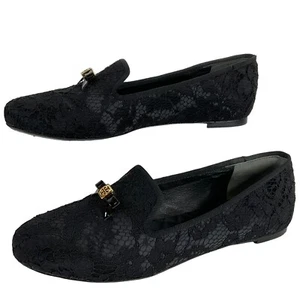 Tory Burch Shoes Womens Sz 6.5 Blk Chandra Loafer Satin + Fabric Lace Flat - Picture 1 of 17