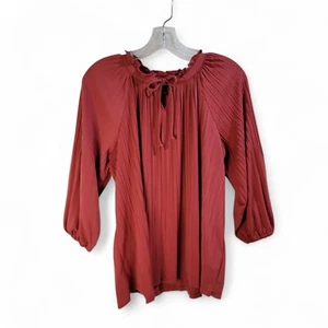 Investments Dark Red Blouse S Balloon Sleeve Ruffle Collar Keyhole Neckline Boho - Picture 1 of 7