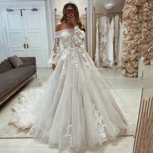 Strand Brautkleider Schulterfrei Langarm Tüll Spitze Brautkleid Schleppe - Bild 1 von 10