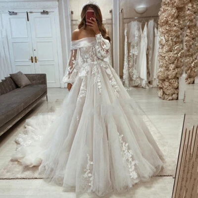Beach Wedding Dresses Off Shoulder Long-Sleeves Tulle Lace Bridal Gown Train - Image 1 of 4