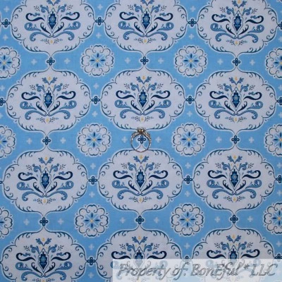 BonEful Fabric FQ Cotton Quilt Blue White Victorian Flower French Country Damask - Image 1 of 4