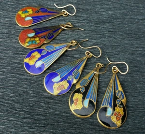 Older VNTG Cloisonne Earrings Deco Floral Pierced Dangle Gold Filled Wires 1 Pr - Picture 1 of 17