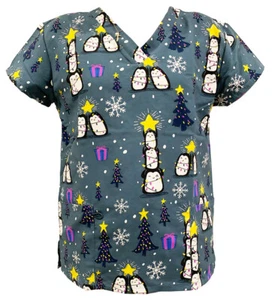 Women's Halloween Christmas Medical Scrub Gray Base Penguin Christmas Tree M - Picture 1 of 2