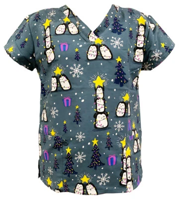 Women's Halloween Christmas Medical Scrub Gray Base Penguin Christmas Tree M - Image 1 of 2