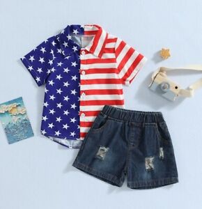 NEW 4th of July Patriotic US Flag Boys Button Shirt & Denim Shorts Outfit Set
