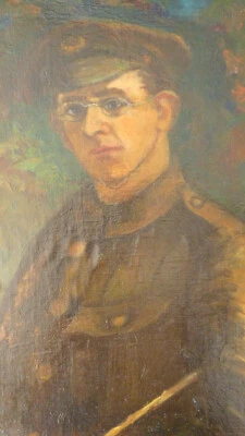 Huile sur toile, portrait d'un officier britannique tenant un stick WW1 - Photo 1/4