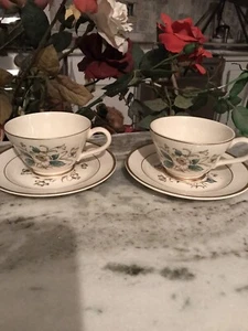 Edwin Knowles 2 Cup 3 3/4”H & 2 Saucers 6”R Dogwood CarolIna Homer Laughlin - Picture 1 of 10