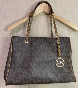 MICHAEL KORS Suzannah Brown MK Logo Chain Large Tote Shoulder Bag 35H6GAHT3B - Picture 1 of 21
