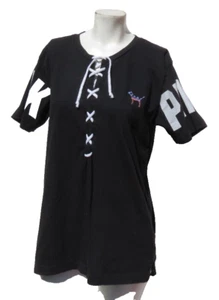PINK Victoria’s Secret Women’s US S Black Cotton Lace Up Logo Flag Tee Shirt Top - Picture 1 of 6