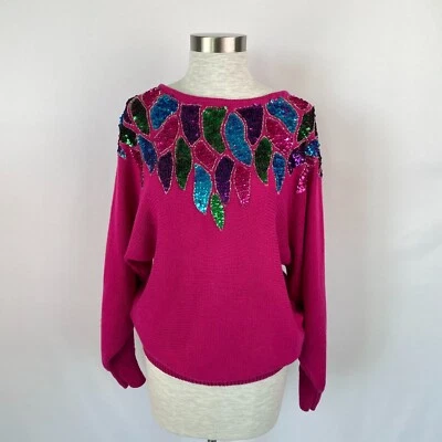 Suéter De Colección Victoria Jones Mujer M Rosa Brillante Lentejuelas Ala de Murciélago Barbiecore Navidad Foto 1 de 4