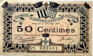 FRANCE - World War I - Rennes & St. Malo - 50 Centimes - 1915 - RARE! - Picture 1 of 2