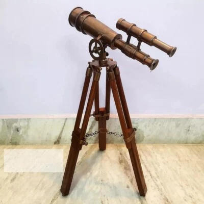 Brass Telescope Double Barrel With Wooden Tripod London 1915 Style Antique - Image 1 of 4
