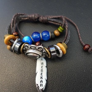 Pulsera Rebekkah Personalizada Boho Cuero Pila Hippie Indie Nombre Cuentas Azules - Imagen 1 de 5