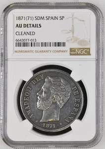5 PESETAS 1871 *18*71 NGC AU DETAILS CLEANED SPAIN ESPAÑA SPANIEN MUY BONITA - Imagen 1 de 2
