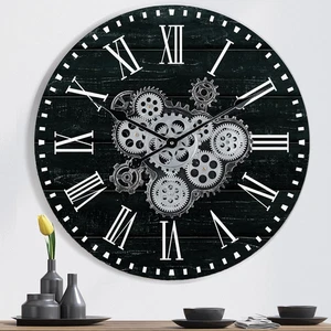 23 Inch Wooden Large Wall Clock with Moving Gears, Roman Numeral, Black, Unisex - Picture 1 of 9