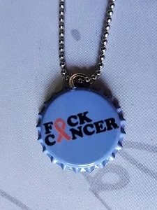 F_ck Cancer Ribbon Necklace on Soda Pop Bottlecap 24" Stainless Chain Handmade - Picture 1 of 5
