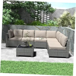 7 Pieces Outdoor Patio Furniture Set, Rattan Wicker Sofa Set with Gray&beige - Picture 1 of 7