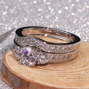 925 Sterling Silver Ring set women men wedding engagement zircon crystal Ring - Picture 1 of 6