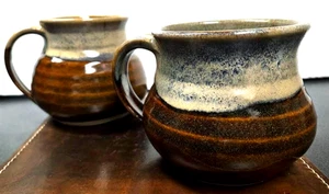 Studio Art Pottery Mugs Cups Blue & Brown Glazed Artist Signed -QTY-2 - Picture 1 of 6