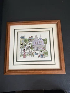 Cross Stitch Completed Framed Victorian Street Scene Pre Owned - Picture 1 of 16