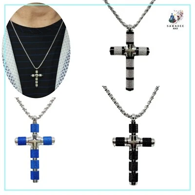 Collana uomo croce catena acciaio inox per ciondolo crocifisso argento nero blu