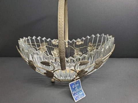 Eales of Sheffield of England Silver Plate Basket with Cut Glass Bowl Insert Cover